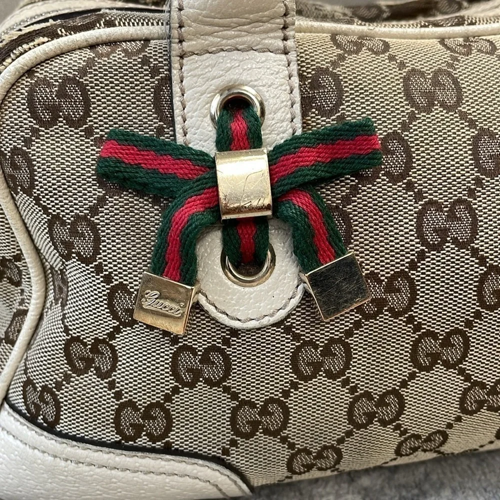 Vintage Gucci Princy GG Monogram Logo Sherry Line Web Shoulder Bag Tan Ivory